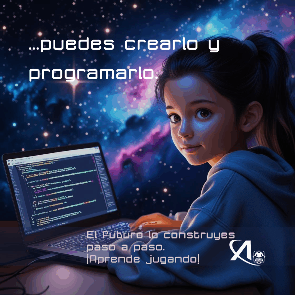 Niña con un ordenador portátil programando y creando grandes ideas para ayudar al mundo
