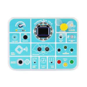 La caja de programación CodingBox v2.0 es un kit educativo que incluye 16 sensores y módulos integrados, como LED’s, botones, pantalla OLED de 1.3 pulgadas, sensor de luz, sensor de sonido, altavoz, sensor de temperatura y humedad, sensor de presión, un ventilador entre otros.