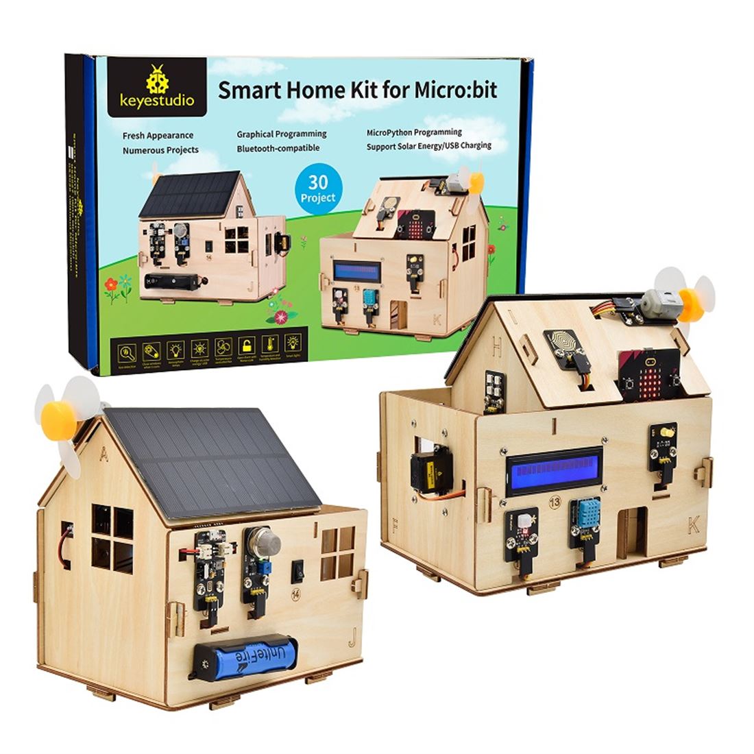 El Keyestudio Smart Home – micro:bit con MicroBlocks es un kit para domótica educativa que simula una casa inteligente con sensores y actuadores reales. Permite medir temperatura, humedad, luz, presencia y gas; además, muestra datos en LCD y acciona LEDs, servos, motores y zumbador. Todo se programa de forma visual con MicroBlocks, ideal para iniciar a tu alumnado (o club maker) sin barreras de sintaxis.