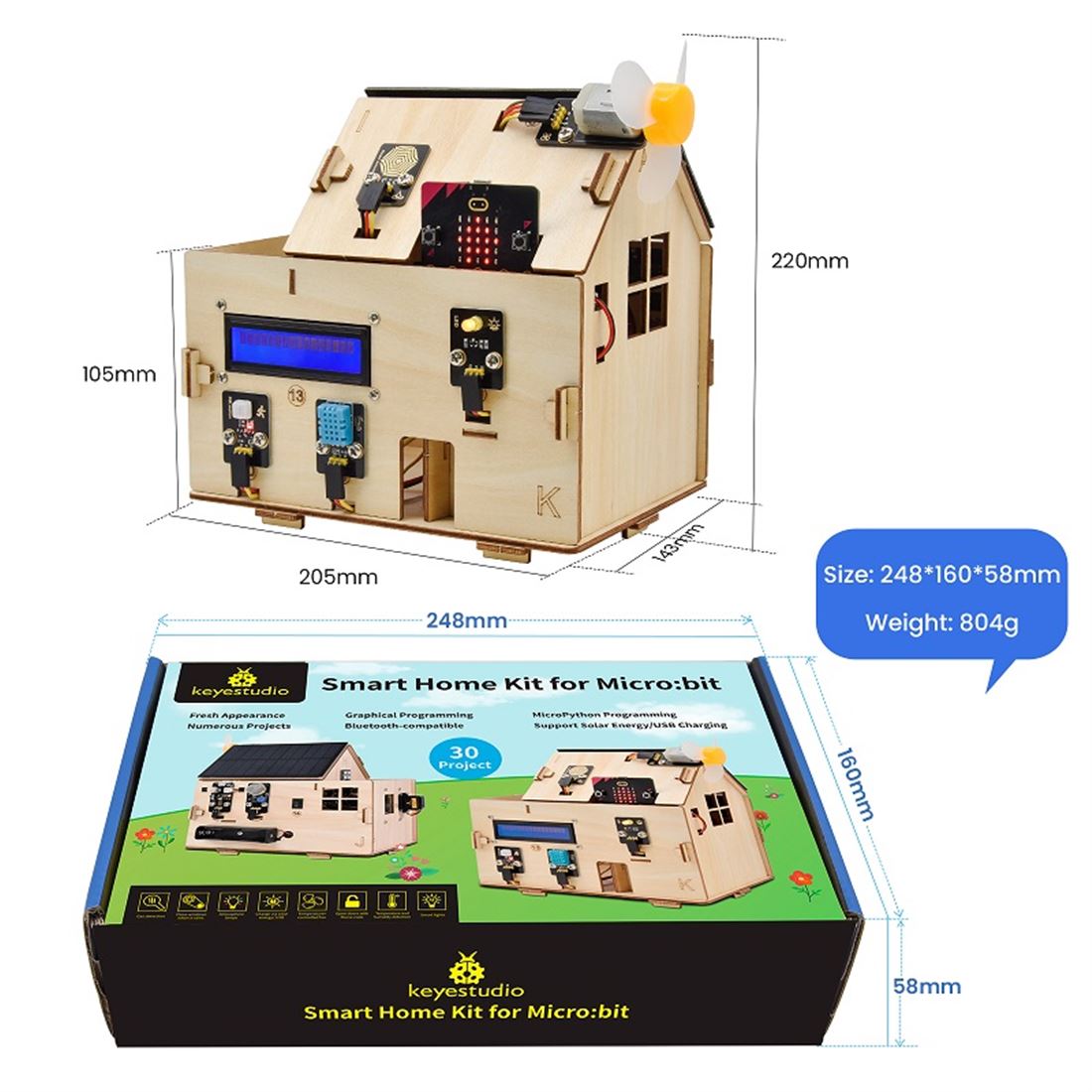 El Keyestudio Smart Home – micro:bit con MicroBlocks es un kit para domótica educativa que simula una casa inteligente con sensores y actuadores reales. Permite medir temperatura, humedad, luz, presencia y gas; además, muestra datos en LCD y acciona LEDs, servos, motores y zumbador. Todo se programa de forma visual con MicroBlocks, ideal para iniciar a tu alumnado (o club maker) sin barreras de sintaxis.
