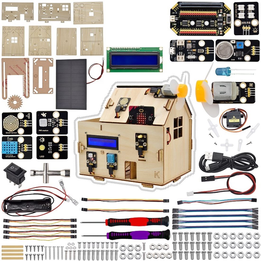 El Keyestudio Smart Home – micro:bit con MicroBlocks es un kit para domótica educativa que simula una casa inteligente con sensores y actuadores reales. Permite medir temperatura, humedad, luz, presencia y gas; además, muestra datos en LCD y acciona LEDs, servos, motores y zumbador. Todo se programa de forma visual con MicroBlocks, ideal para iniciar a tu alumnado (o club maker) sin barreras de sintaxis.