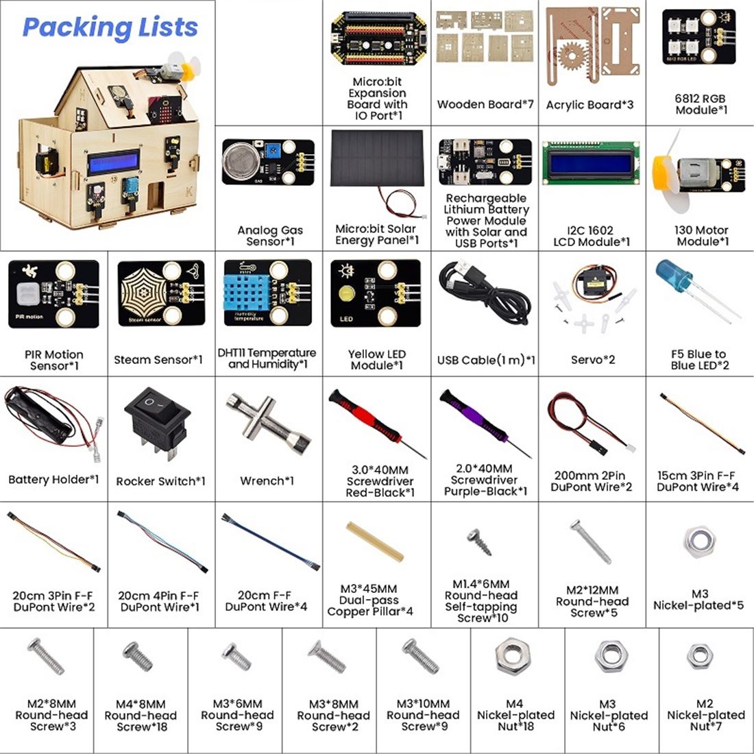 El Keyestudio Smart Home – micro:bit con MicroBlocks es un kit para domótica educativa que simula una casa inteligente con sensores y actuadores reales. Permite medir temperatura, humedad, luz, presencia y gas; además, muestra datos en LCD y acciona LEDs, servos, motores y zumbador. Todo se programa de forma visual con MicroBlocks, ideal para iniciar a tu alumnado (o club maker) sin barreras de sintaxis.