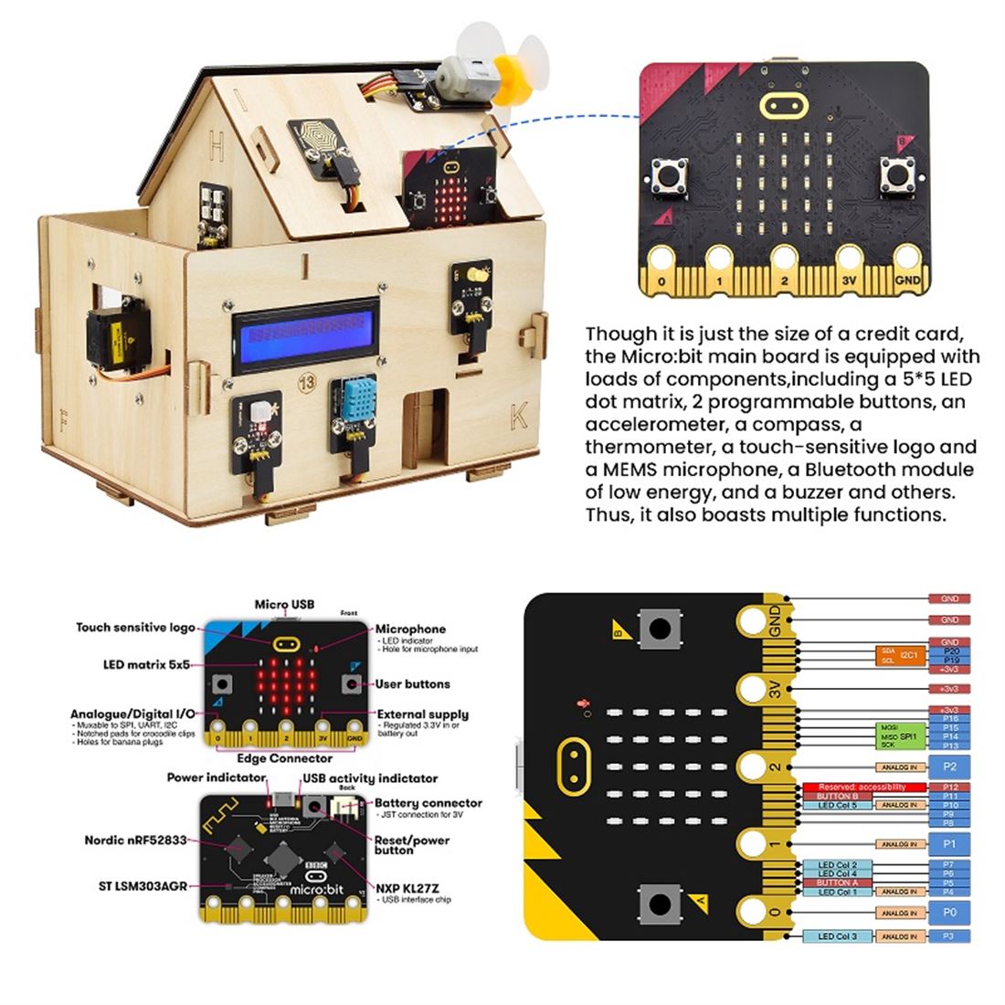 El Keyestudio Smart Home – micro:bit con MicroBlocks es un kit para domótica educativa que simula una casa inteligente con sensores y actuadores reales. Permite medir temperatura, humedad, luz, presencia y gas; además, muestra datos en LCD y acciona LEDs, servos, motores y zumbador. Todo se programa de forma visual con MicroBlocks, ideal para iniciar a tu alumnado (o club maker) sin barreras de sintaxis.